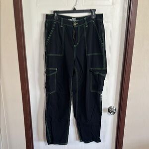 Men's Black Cargo Pants with Green Stitching